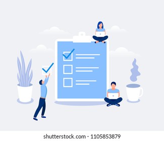 Business organization and achievements of goals design concept. Business people are sitting near checklist. Flat style. 