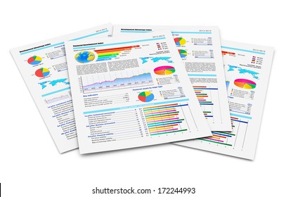 Business Paperwork And Office Work Corporate Concept: Stack Of Paper Documents With Financial Reports With Color Bar Graphs, Pie Charts And Statistic Information Data Isolated On White Background