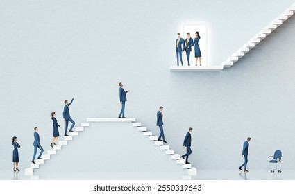 Business people approaching senior managers team  for interview. Business environment concept with stairs and open door. 3D rendering - Powered by Shutterstock