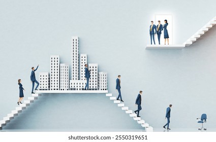 Business people approaching senior managers team  for interview. Business environment concept with stairs and open door. 3D rendering - Powered by Shutterstock