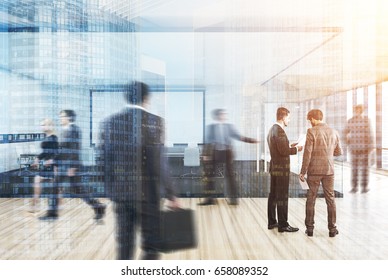 Business People In A Blue Transparent Office Lobby With A Conference Room. Blue Glass Doors, Wooden Floor. 3d Rendering Mock Up Toned Image Double Exposure