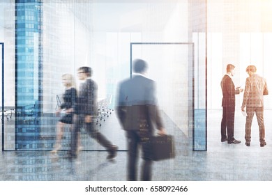 Business People In A Blue Transparent Office Lobby With A Conference Room. Blue Glass Doors. 3d Rendering Mock Up Toned Image Double Exposure