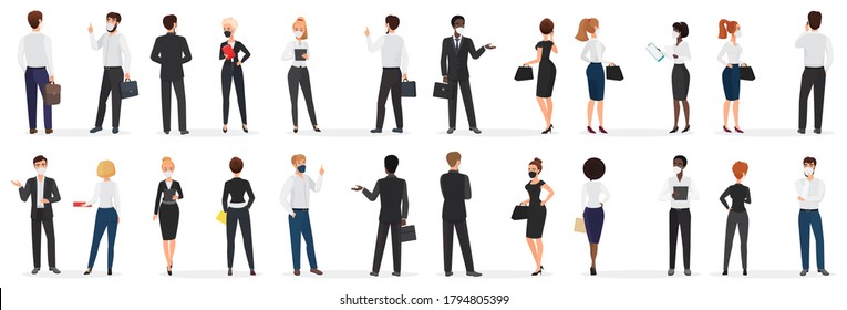 Business people conversation at pandemic cartoon illustration set. White and black men and women in mask, in formal suit discuss talking at distance to protect from coronavirus infection