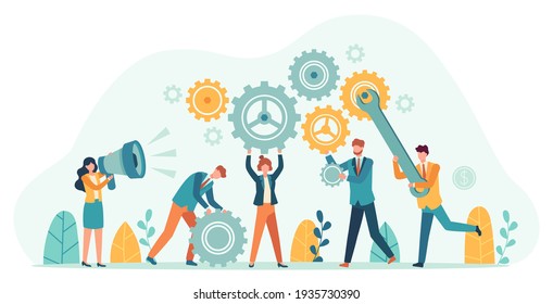 Business People With Gears. Employee Team Create Mechanism With Cogs, Manager With Megaphone. Tiny Person Teamwork Motivation  Concept