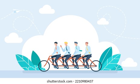 Business People Group Riding On Tandem Bicycle Pushing Pedals With Coordination. Only Men. Successful Businessmen Collective Teamwork And Cooperation Concept. Male Friendship. Flat Illustration