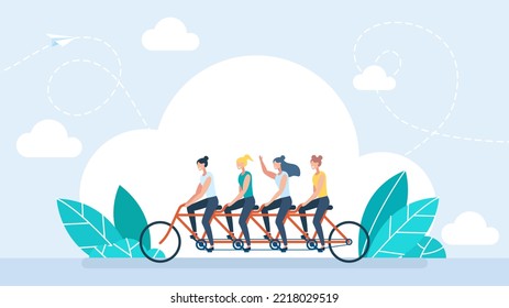 Business People Group Riding On Tandem Bicycle Pushing Pedals With Coordination. Only Women. Successful Businessmen Collective Teamwork And Cooperation Concept. Female Friendship. Illustration