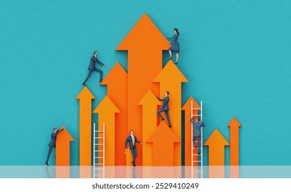 Business people holding up arrow with businessman climbs on it. 3D rendering - Powered by Shutterstock