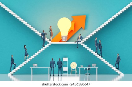 Business people introducing a new startup idea to investors. Light bulb as symbol of new idea in financial service. Business environment concept with stairs and open door. 3D rendering
 - Powered by Shutterstock