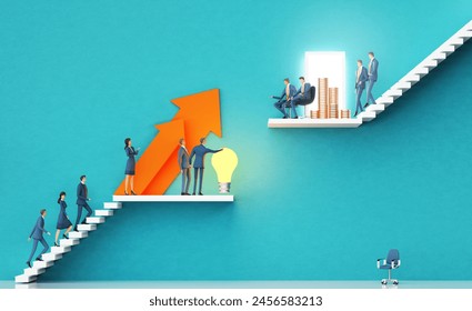 Business people introducing a new startup idea to investors. Light bulb as symbol of new idea in financial service. Business environment concept with stairs and open door. 3D rendering - Powered by Shutterstock