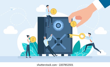 Business People Invest Money On The Bank Account. Closed Safe With Dollars, Coins In The Secure Deposit Box. Cash Protection, Savings In A Money Box. Financial Saving Insurance Concept. Illustration