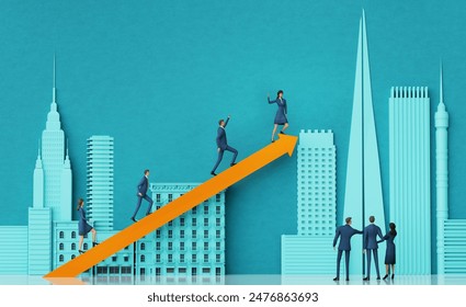 Business people and ladder of success in the City, concept 3D illustration with beautiful city skyscrapers, office buildings and copy space for text - Powered by Shutterstock