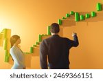 Business people look at a growth chart. The trader analyzes the price movement on a huge trading chart. A businessman-investor watches the movement of the price of an asset.