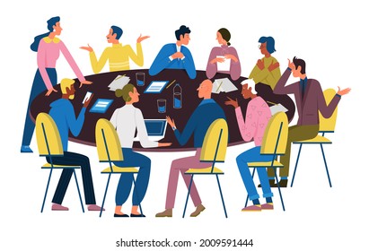 Business People Negotiate At Round Table Illustration. Cartoon Office Meeting Negotiation With Corporate Manager Team Of Characters, Brainstorming Discussion At Conference Isolated On White