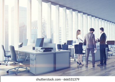 Business People In An Open Space Office Interior With A Wooden Floor, A Panoramic Window With Shades, Rows Of Computer Tables And Office Chairs. Film Effect, Side. 3d Rendering Mock Up Toned Image