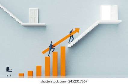 Business people walking up stair and caring big arrow. Business environment concept with stairs and opened door, representing career, advisory, growth, success, solution and achievement. 3D rendering - Powered by Shutterstock