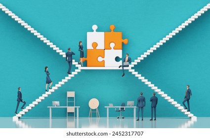  Business people are working together with the puzzles, sorting problems. Business environment concept with stairs and open door. 3D rendering - Powered by Shutterstock