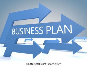 Business Plan 3d render concept with blue arrows on a bluegrey background.