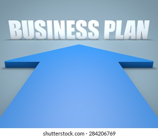 Business Plan - 3d render concept of blue arrow pointing to text.