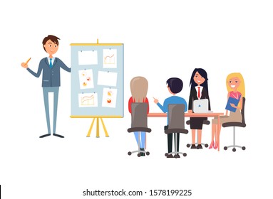 Business presentation, speaker at board with charts pointing on growing diagrams. People at meeting or briefing sitting at table and discussing issues - Powered by Shutterstock