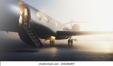 Business Private Jet Airplane Parked At Terminal. Luxury Tourism And Business Travel Transportation Concept. Closeup. 3d Rendering