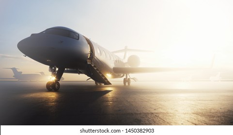 Business Private Jet Airplane Parked At Terminal. Luxury Tourism And Business Travel Transportation Concept. 3d Rendering
