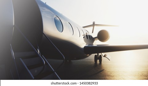 Business Private Jet Airplane Parked At Terminal. Luxury Tourism And Business Travel Transportation Concept. 3d Rendering