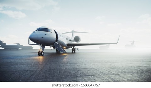 Business private jet airplane parked at outside and waiting vip persons. Luxury tourism and business travel transportation concept. 3d rendering
