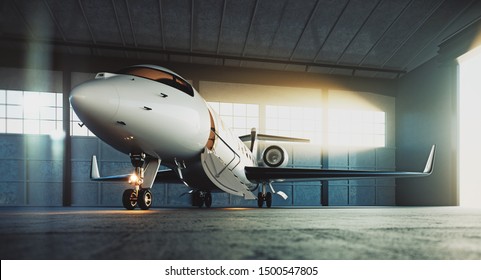Business Private Jet Airplane Parked At Maintenance Hangar And Ready For Take Off. Luxury Tourism And Business Travel Transportation Concept. 3d Rendering
