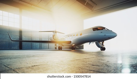 Business Private Jet Airplane Parked At Maintenance Hangar And Ready For Take Off. Luxury Tourism And Business Travel Transportation Concept. 3d Rendering