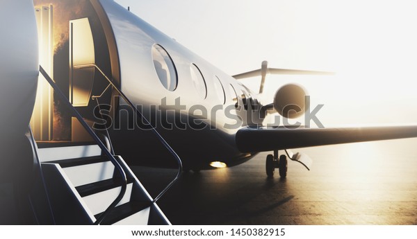 Business private jet airplane parked at\
terminal. Luxury tourism and business travel transportation\
concept. Closeup. 3d\
rendering