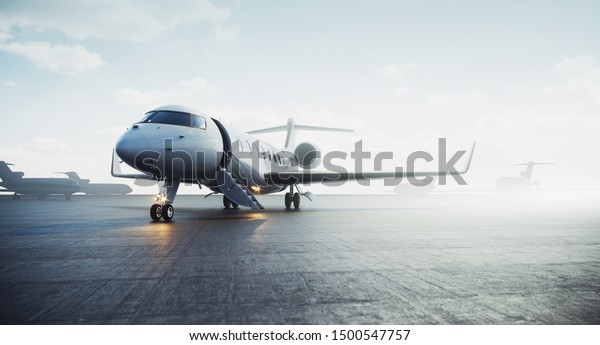 Business private jet airplane parked at outside\
and waiting vip persons. Luxury tourism and business travel\
transportation concept. 3d\
rendering