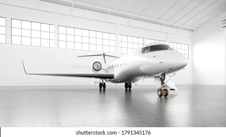 Business Private Jet Parked At White Maintenance Hangar And Ready For Take Off. Luxury Tourism And Business Travel Transportation Concept. White Airplane With Golden Elements. 3d Rendering