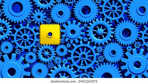 Business Problem Concept and work disruption as a glitch or interupted faulty gear and cog wheels as a defect or Dysfunctional working interruption in the machinery as a 3D illustration.