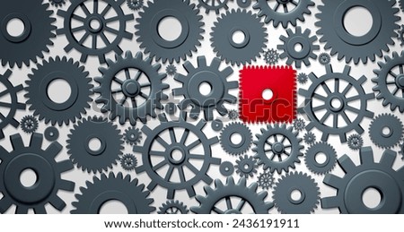 Business Problem Concept and work disruption as a glitch or interupted faulty chain of gears and cog wheels as a defect or defective working corporate challenge as a 3D illustration.