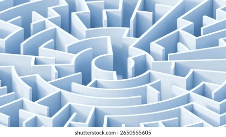 Business problems and solution concept. Circle labyrinth concept. Circle maze structure close up. Perspective view of an 3d rendered circle maze.
