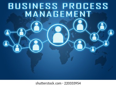 Business Process Management Concept On Blue Background With World Map And Social Icons.