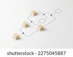 Business process and workflow automation with flowchart. Wooden cube block arranging processing management on white background. 3d render illustration