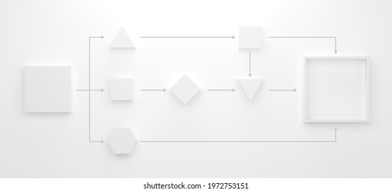 Business Process And Workflow Automation With Flowchart. Geometry Arranging Processing Management On White Theme. 3d Illustration
