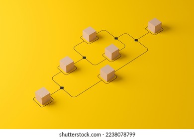 Business process and workflow automation with flowchart. Wooden cube block arranging processing management on yellow background. 3d render illustration
