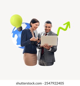 Business professionals collaborating, discussing ideas, and analyzing growth. Diverse team with a focus on innovation and success in a global market. Business ideas and partnership, mixed media. - Powered by Shutterstock