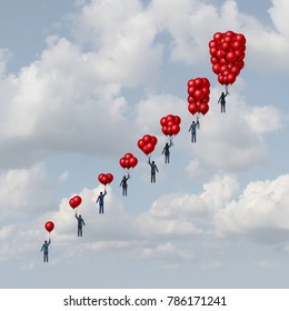 Business progress concept as a group of business people holding gradual increasing air balloons as a success metaphor with 3D illustration elements.