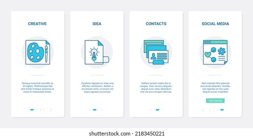 Business Project Creation In Social Media Illustration. UX, UI Onboarding Mobile App Page Screen Set With Line Creative Ideas For Content Blog Management, Contact Search Of Target Audience