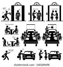 Business Proposal Idea Presentation Sales Elevator Pitch Investor Venture Capitalist Meeting Stick Figure Pictogram Icon