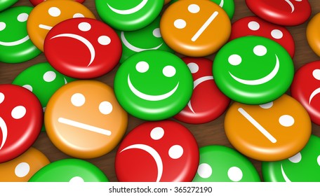 Business quality service customer feedback, rating and survey with happy and not smiling face emoticon symbol and icon on badges button.