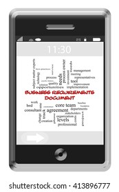 Business Requirements Document Word Cloud Concept on a Touchscreen Phone with great terms such as projects, consultants, meetings and more.