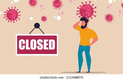 Business Restaurant Close From Coronavirus. Pandemic Jobless Shop Company Crisis. Lockdown Service Entrepreneur. Biohazard Public Market Store. Illustration Warning Covid Panic Unemployment