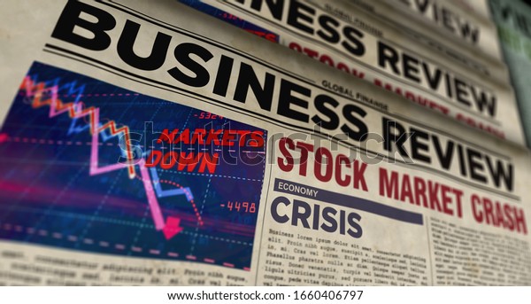 Business review newspapers with market crash\
printing and disseminating 3d illustration. Economy, crisis, stock,\
market collapse and financial panic retro media press production\
abstract\
concept.