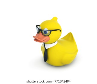 Business Rubber Duck In Glasses With Black Tie Isolated On White. 3D Rendering With Clipping Path