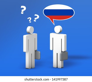 Business Russian concept with a funny conversation between two 3d people on blue background. The man with the flag of Russia on the speech cloud speaks a correct language, the other one no.