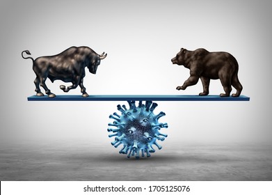 Business See Saw And Disease And Economic Pandemic Outbreak And Stock Market Virus Fear Or Bull And Bear Economy On A See Saw Concept With 3D Illustration Elements.